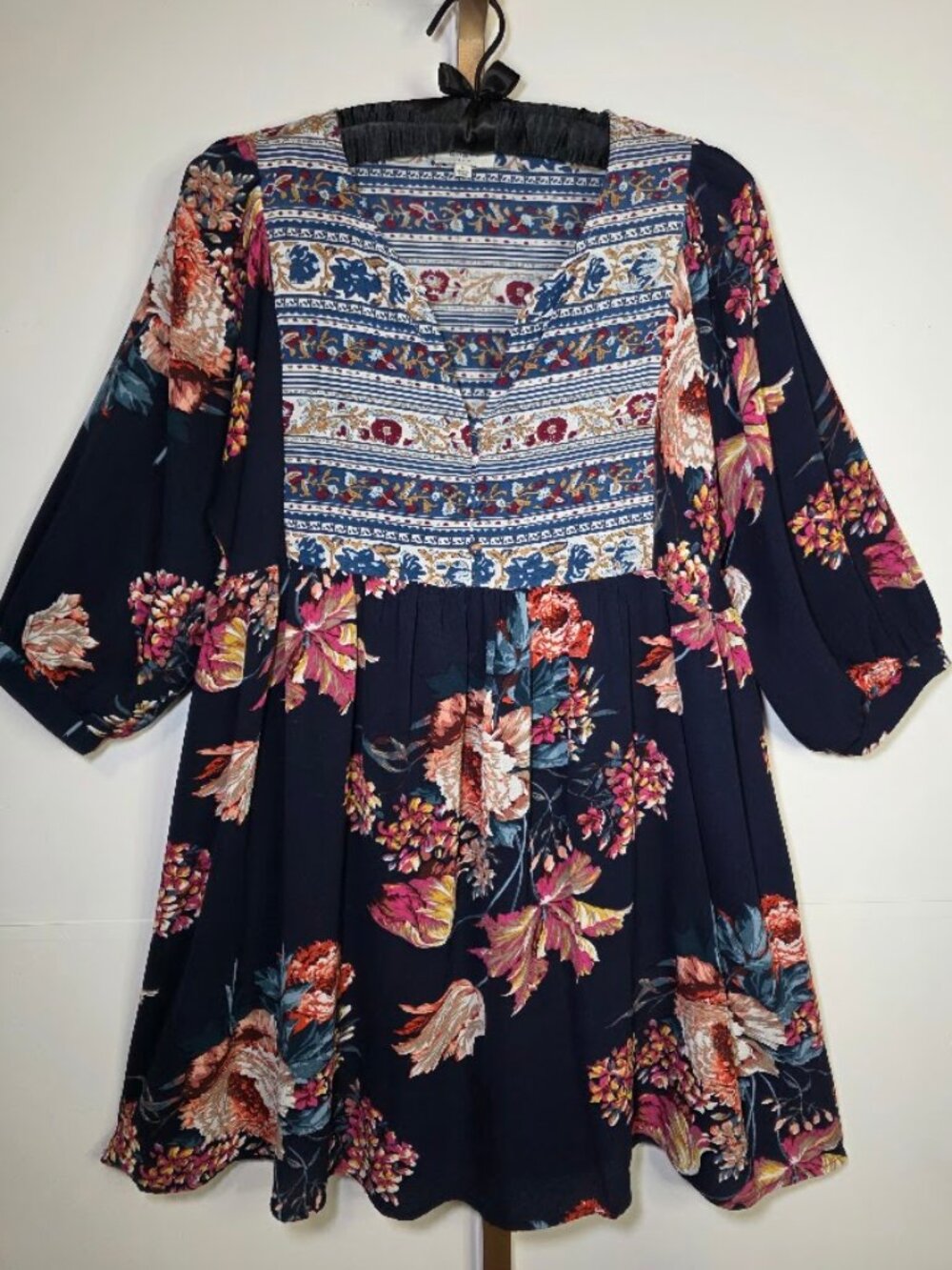 Umgee Navy Blue Floral Balloon Sleeve Peasant Mini Dress L